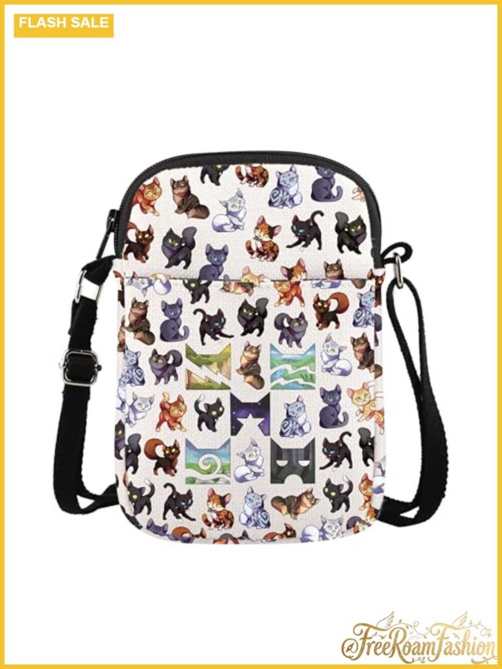Canvas Crossbody Bag Cat Print Purse Zipper Travel Pouch